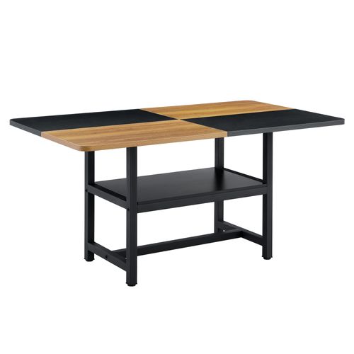 Table à Manger Bois Et Noir 160x90 Cm Pour 4-6 Personnes, Pieds Métal, Avec Étagère Intégrée