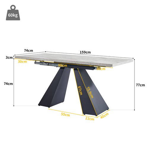 Table à Manger Extensible 99-159×74 Cm, Plateau Effet Marbre Gris, Pieds En Métal