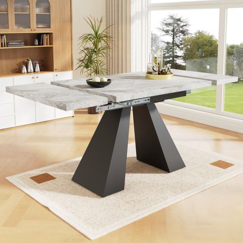 Table à Manger Extensible 99-159×74 Cm, Plateau Effet Marbre Gris, Pieds En Métal