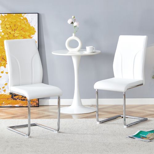 Lot De 2 Chaises Blanche En Similicuir (pu) Avec Pieds Métal Argenté — Pour Salle à Manger Et Bureau