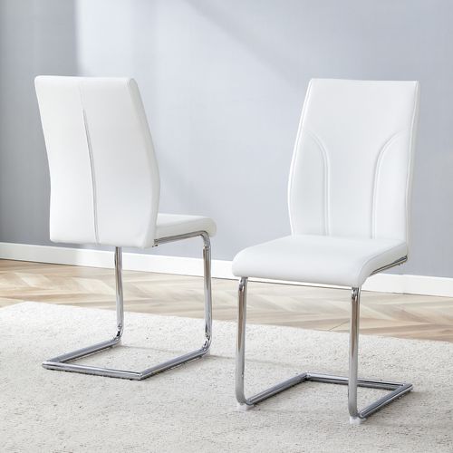Lot De 2 Chaises Blanche En Similicuir (pu) Avec Pieds Métal Argenté — Pour Salle à Manger Et Bureau