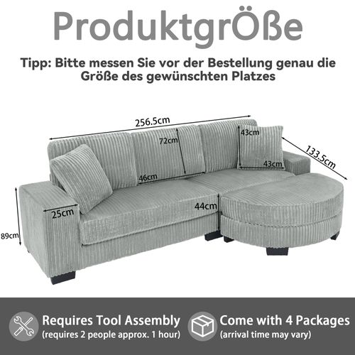 Canapé D'angle 4 Places 256,5cm Velours Côtelé Gris Modulable Avec Pouf Ovale Et 2 Coussins