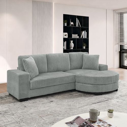 Canapé D'angle 4 Places 256,5cm Velours Côtelé Gris Modulable Avec Pouf Ovale Et 2 Coussins