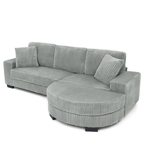 Canapé D'angle 4 Places 256,5cm Velours Côtelé Gris Modulable Avec Pouf Ovale Et 2 Coussins