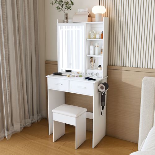 Coiffeuse Et Tabouret 60x36x136 Cm Blanche Avec LED Réglable, 2 Tiroirs, 2 Ports USB