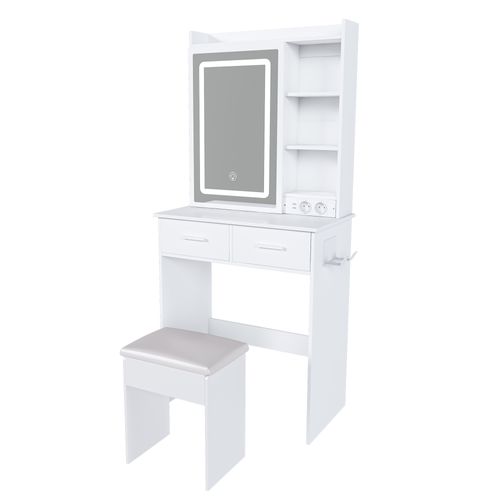 Coiffeuse Et Tabouret 60x36x136 Cm Blanche Avec LED Réglable, 2 Tiroirs, 2 Ports USB