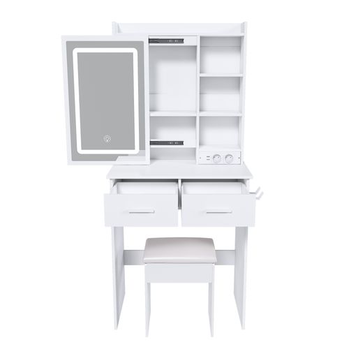 Coiffeuse Et Tabouret 60x36x136 Cm Blanche Avec LED Réglable, 2 Tiroirs, 2 Ports USB