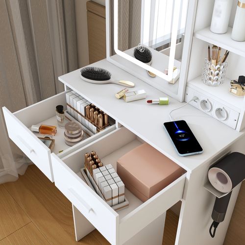 Coiffeuse Et Tabouret 60x36x136 Cm Blanche Avec LED Réglable, 2 Tiroirs, 2 Ports USB