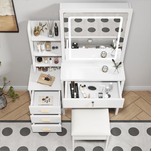 Coiffeuse Avec Tabouret 85x130x36 Cm Avec Miroir LED 3 Modes, 4 Tiroirs, Blanc