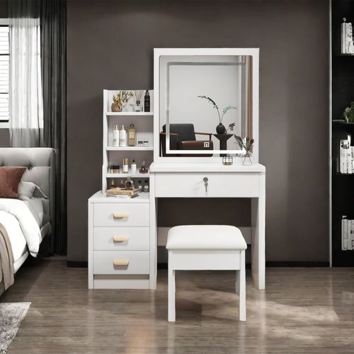 Coiffeuse Avec Tabouret 85x130x36 Cm Avec Miroir LED 3 Modes, 4 Tiroirs, Blanc