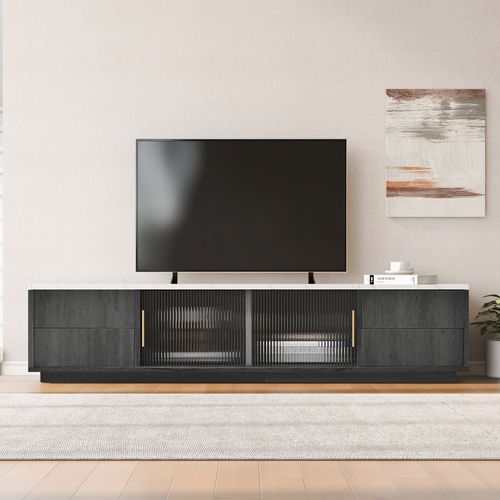 Meuble TV 160 Cm Gris Plateau Effet Marbre, 4 Tiroirs Et 2 Portes Vitrées, Gestion Câbles TV 70"