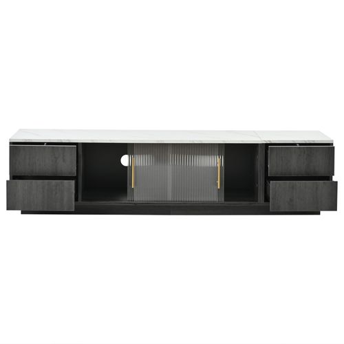 Meuble TV 160 Cm Gris Plateau Effet Marbre, 4 Tiroirs Et 2 Portes Vitrées, Gestion Câbles TV 70"