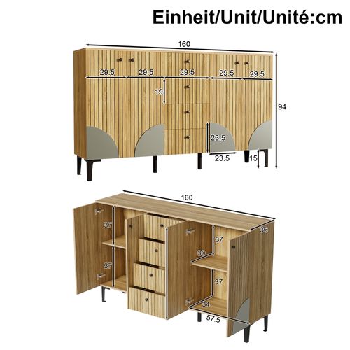 Buffet Bois Clair 160x36x94 Cm Avec 4 Portes Et 4 Tiroirs