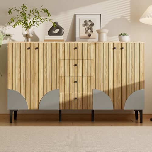 Buffet Bois Clair 160x36x94 Cm Avec 4 Portes Et 4 Tiroirs