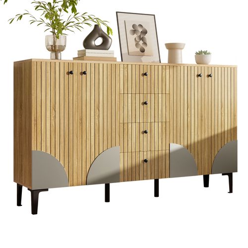 Buffet Bois Clair 160x36x94 Cm Avec 4 Portes Et 4 Tiroirs
