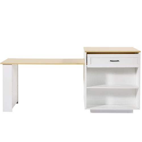Meuble Bar, Îlot Extensible 133-202×70×93,5 Cm Avec 2 Tiroirs Et 2 Niches, Bois Blanc, Roulettes