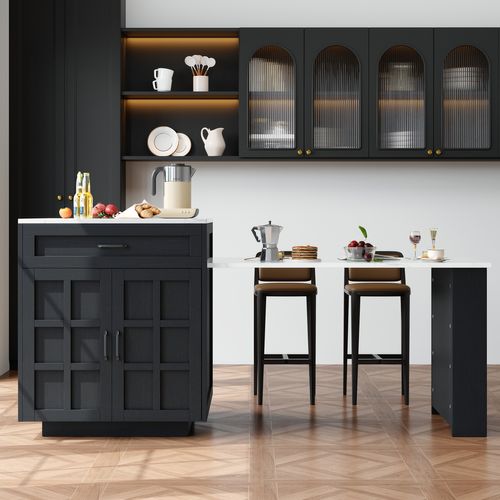 Meuble De Bar, Îlot Table Extensible 133-202×70×93,5 Cm, Effet Marbre, Avec Rangements, Noir