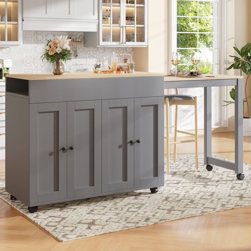 Table De Bar, Meuble Extensible 118–180×50×94 Cm, Gris, Avec 6 Étagères