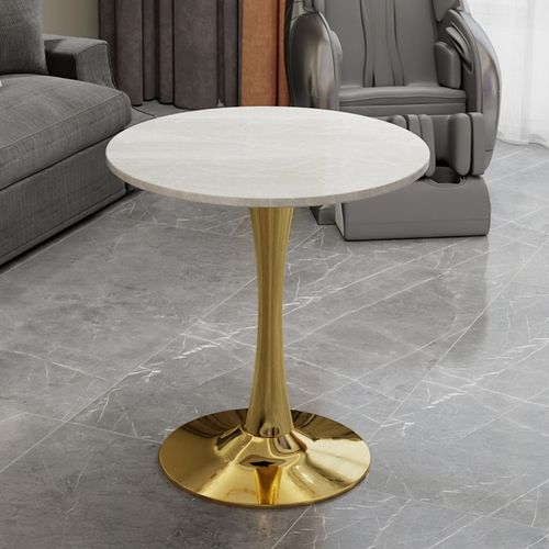 Table Bout de Canapé Ronde 70 Cm Gris Clair Et Doré – Petite Table 1 à 2 Personnes