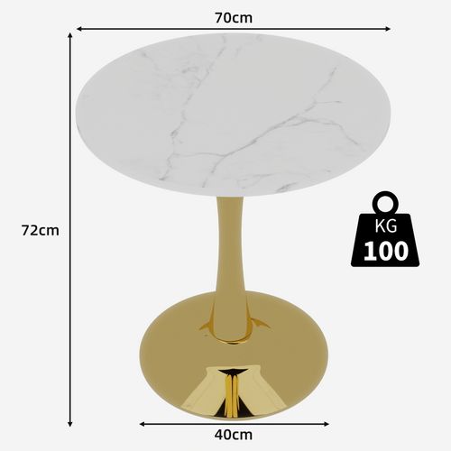 Table Bout de Canapé Ronde 70 Cm, Blanc Et Doré – Petite Table Café 1 à 2 Personnes