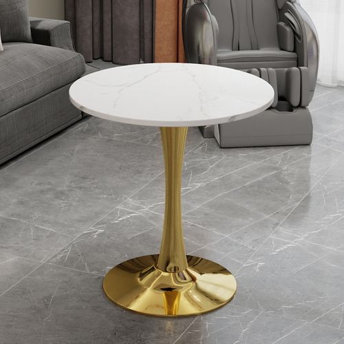 Table Bout de Canapé Ronde 70 Cm, Blanc Et Doré – Petite Table Café 1 à 2 Personnes