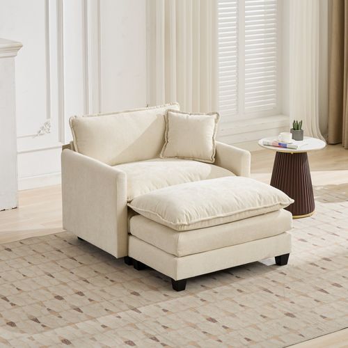 Ottoman Pouf Repose-pieds Beige En Chenille Avec Mousse Confortable