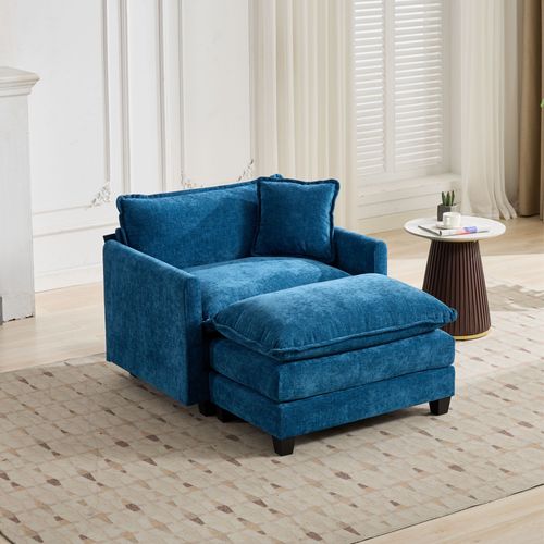 Ottoman Pouf Repose-pieds Bleu En Chenille Avec Mousse Confortable