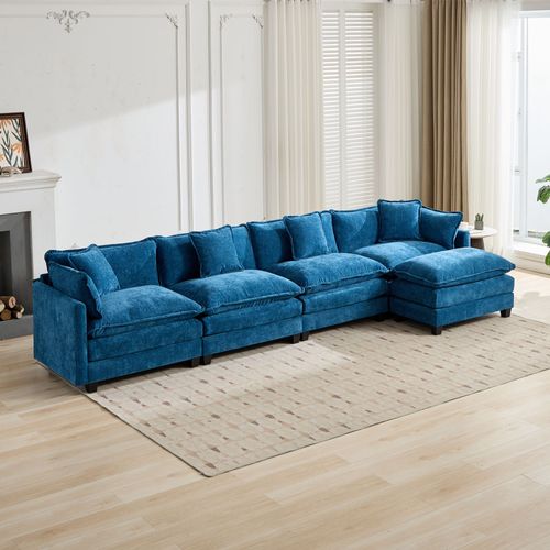 Ottoman Pouf Repose-pieds Bleu En Chenille Avec Mousse Confortable