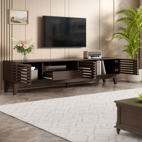 Meuble TV 170x35x40 Cm Avec 3 Portes Et 1 Tiroir, Aspect Bois Naturel, Design Vintage