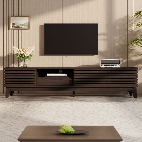 Meuble TV 170x35x40 Cm Avec 3 Portes Et 1 Tiroir, Aspect Bois Naturel, Design Vintage