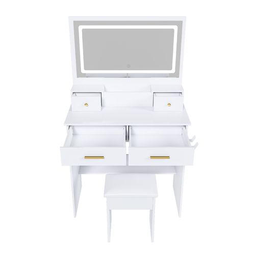 Coiffeuse + Tabouret Blanc 80x137x40 Cm Avec Miroir XXL 75x48 Cm, LED 3 Couleurs, 4 Tiroirs, Prise