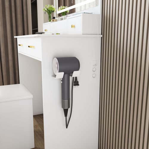 Coiffeuse + Tabouret Blanc 80x137x40 Cm Avec Miroir XXL 75x48 Cm, LED 3 Couleurs, 4 Tiroirs, Prise