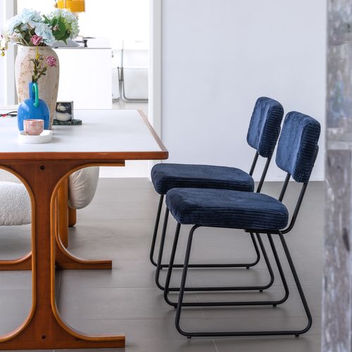 Lot De 2 Chaises De Salle à Manger Bleu Marine, Assise En Tissu, Pieds En Métal Noir, Salon