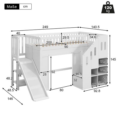 Lit Mezzanine Enfant 90x200 Cm Avec LED, Toboggan Et Escaliers De Rangement, Pin Blanc