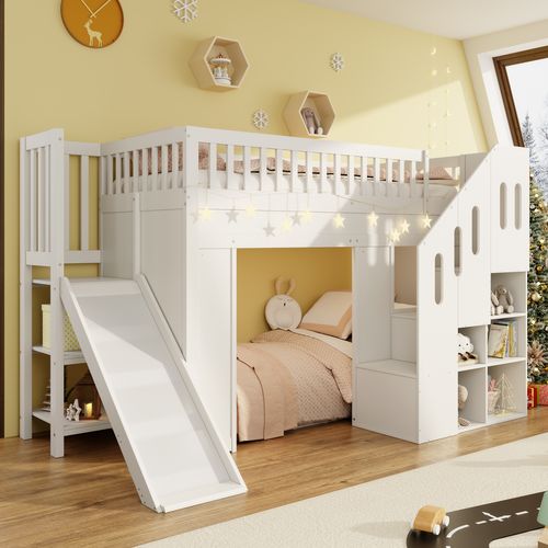 Lit Mezzanine Enfant 90x200 Cm Avec LED, Toboggan Et Escaliers De Rangement, Pin Blanc