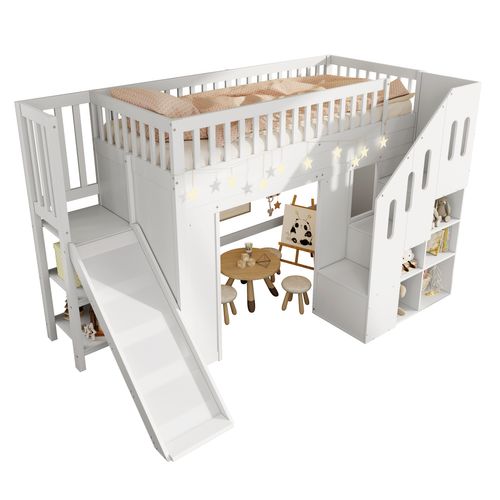 Lit Mezzanine Enfant 90x200 Cm Avec LED, Toboggan Et Escaliers De Rangement, Pin Blanc