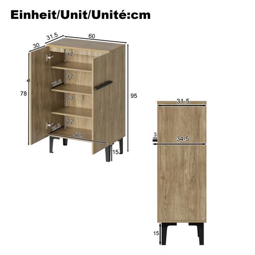 Meuble à Chaussures Bois Naturel Et Noir, Portes Doubles, Étagères Réglables