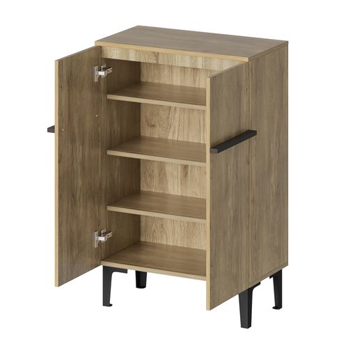 Meuble à Chaussures Bois Naturel Et Noir, Portes Doubles, Étagères Réglables