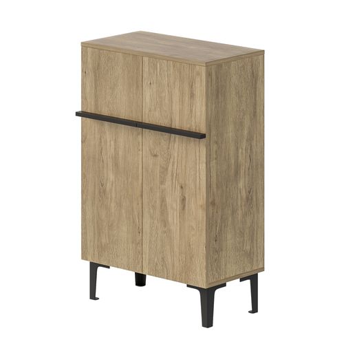 Meuble à Chaussures Bois Naturel Et Noir, Portes Doubles, Étagères Réglables