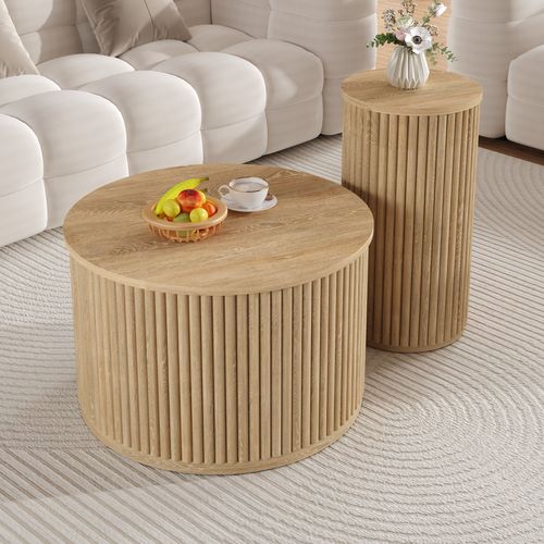 Table Basse Double Ronde 2 Pièces 60x60 Cm Et 30x30 Cm, Coloris Naturel, Motif Rayures 3d