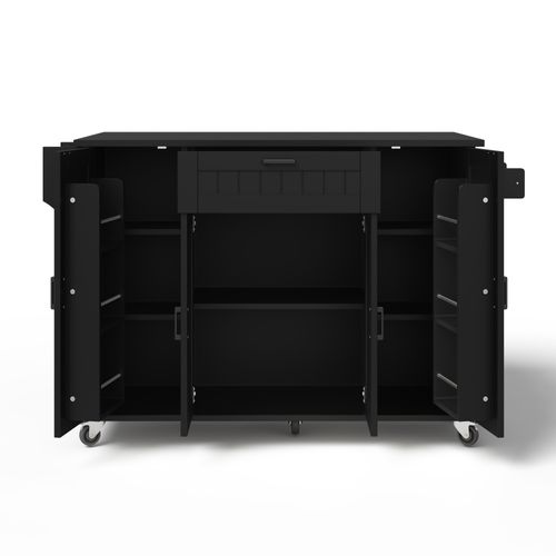 Desserte, Îlot De Cuisine Noir Rabattable 120×45(70)×95 Cm Avec 4 Portes Et Tiroir, Sur Roulettes
