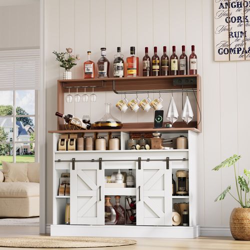 Buffet De Cuisine Blanc Et Bois Style Campagne Avec Portes Coulissantes, Porte-verres Et Prises USB