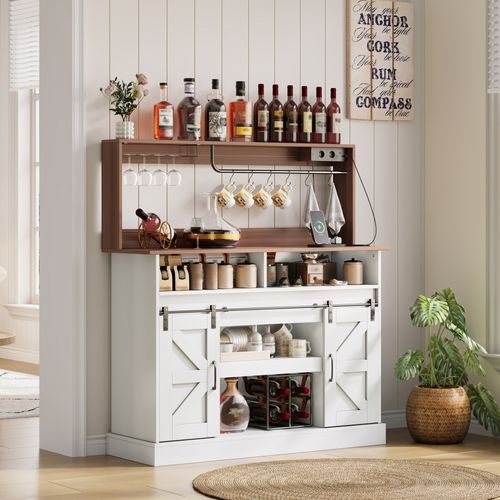 Buffet De Cuisine Blanc Et Bois Style Campagne Avec Portes Coulissantes, Porte-verres Et Prises USB