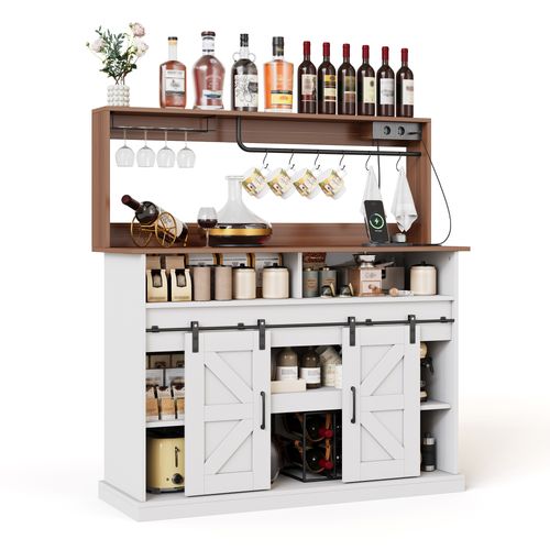 Buffet De Cuisine Blanc Et Bois Style Campagne Avec Portes Coulissantes, Porte-verres Et Prises USB