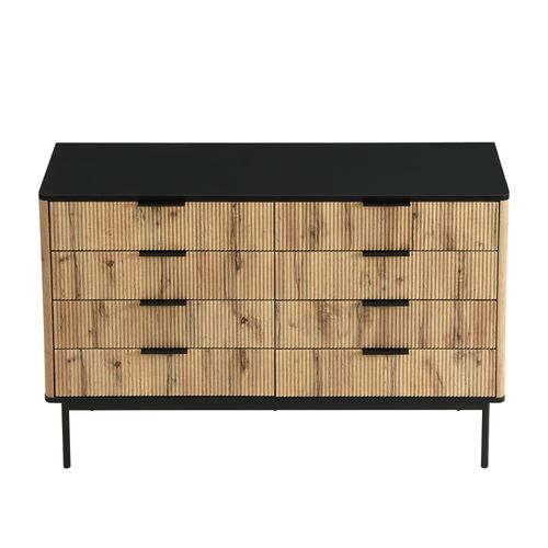 Buffet Plateau Noir Et Finition Naturelle, Commode 120 X 39,5 X 80 Cm Avec 8 Tiroirs