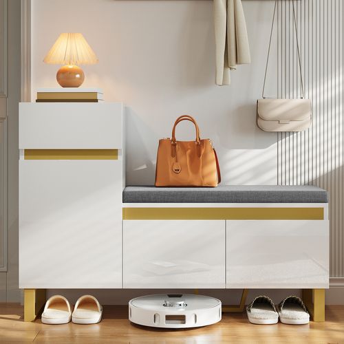 Meuble à Chaussures Blanc Avec Banc Et Coussin 120x35x85 Cm, 2 Portes Et 1 Tiroir