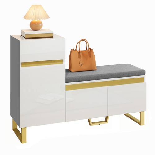 Meuble à Chaussures Blanc Avec Banc Et Coussin 120x35x85 Cm, 2 Portes Et 1 Tiroir
