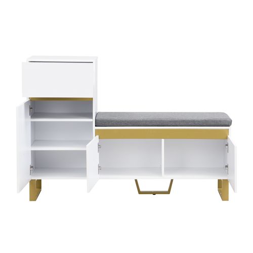 Meuble à Chaussures Blanc Avec Banc Et Coussin 120x35x85 Cm, 2 Portes Et 1 Tiroir