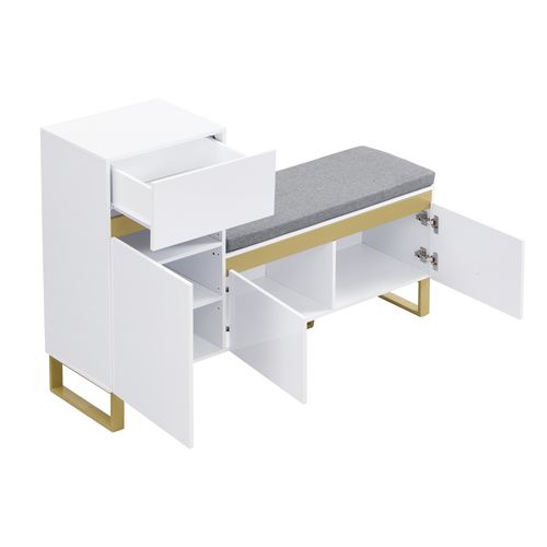 Meuble à Chaussures Blanc Avec Banc Et Coussin 120x35x85 Cm, 2 Portes Et 1 Tiroir