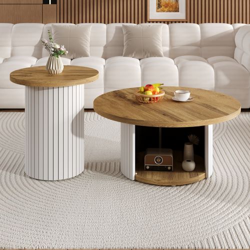 Set 2 Tables Basses Rondes 75x75x50 + 45x45x35 Cm, Style Scandinave, Coloris Naturel, Avec Rangement